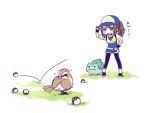  10s 1girl baseball_cap beak belt black_gloves black_pants black_shoes blue_eyes blue_hat brown_hair bulbasaur closed_mouth commentary_request cropped_jacket failure female_protagonist_(pokemon_go) fingerless_gloves full_body gloves hat holding holding_poke_ball jacket kanitama_(putyourhead) long_sleeves motion_lines pants pidgey poke_ball pokemon pokemon_(creature) pokemon_(game) pokemon_go ponytail rectangular_mouth shoes simple_background sketch solid_circle_eyes standing sweatdrop talons white_background yellow_jacket 