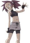  1girl absurdres bike_shorts bike_shorts_under_shorts drawstring eyebrows fingerless_gloves forehead gloves highres looking_at_viewer looking_down midriff navel outstretched_hand ponytail shorts spiky_hair sports_bra white_background yamamoto_souichirou 