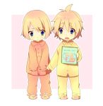  &gt;:t 1boy 1girl :t aku_no_meshitsukai_(vocaloid) aku_no_musume_(vocaloid) bird blonde_hair blue_eyes book brother_and_sister buttons chick child clenched_hands clothes_grab fang holding holding_book holding_clothes kagamine_len kagamine_rin messy_hair open_mouth ousaka_nozomi pajamas pajamas_pull pout short_hair siblings simple_background slippers twins vocaloid 