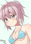  1girl absurdres ahoge aoba_(kantai_collection) bare_shoulders blue_background blue_eyes breasts collarbone commentary_request dated dutch_angle eyebrows eyebrows_visible_through_hair hair_between_eyes highres kantai_collection looking_at_viewer pink_hair scrunchie simple_background small_breasts smile solo striped_bikini_top swimsuit twitter_username ushiotoko&amp;hiroshi 