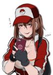  10s 1girl baseball_cap breasts brown_hair butcha-u cellphone female female_protagonist_(pokemon_go) fingerless_gloves gloves gradient gradient_background hat naughty_face phone pokemon pokemon_go ponytail solo sweat upper_body white_background 