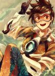  1girl :d brown_eyes brown_hair earrings fenori gloves heart jewelry looking_to_the_side open_mouth overwatch short_hair smile solo tracer_(overwatch) 