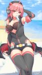  1girl absurdres arm_support armpits bare_shoulders beach belt black_bra blackblades bra breasts cleavage dated detached_sleeves headphones highres iron_cross long_hair looking_at_viewer mouth_hold pink_eyes pink_hair popsicle short_shorts shorts signature sitting solo sweat thigh-highs tirpitz_(zhan_jian_shao_nyu) underwear unzipped zhan_jian_shao_nyu 