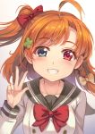  1girl ahoge blue_eyes braid fusion grin hair_ornament heterochromia kousaka_honoka love_live! love_live!_school_idol_project love_live!_sunshine!! miazi orange_hair red_eyes ribbon school_uniform short_hair side_braid side_ponytail smile takami_chika v 