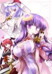  3girls :d bat_wings blue_hair book bow breasts cleavage fumitsuki_(minaduki_6) hair_bow hat head_wings heart koakuma large_breasts long_hair multiple_girls musical_note open_mouth patchouli_knowledge phone purple_hair red_eyes redhead remilia_scarlet short_hair smile touhou violet_eyes wings 