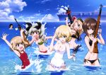  6+girls ;d absurdres anchovy bikini black_bikini blonde_hair breasts brown_hair camcorder casual_one-piece_swimsuit cleavage clouds darjeeling fang frilled_swimsuit frills girls_und_panzer highres katyusha kay_(girls_und_panzer) long_hair multiple_girls navel nishizumi_maho nonna ocean official_art one-piece_swimsuit one_eye_closed open_mouth partially_submerged red_swimsuit ship short_hair side-tie_bikini sky smile splashing swimsuit twintails water water_gun watercraft white_swimsuit 