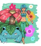  10s 1girl bare_shoulders blue_hair breasts crop_top flabebe flower hair_flower hair_ornament kitsune-tsuki_(getter) looking_at_viewer midriff navel open_mouth personification pokemon pokemon_(creature) pokemon_(game) pokemon_xy red_eyes smile tan tank_top venusaur 