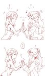  2girls ? bare_shoulders blush braid closed_eyes comic eyebrows hand_holding hands_clasped hands_together highres houjou_karen idolmaster idolmaster_cinderella_girls interlocked_fingers kamiya_nao monochrome multiple_girls musical_note open_mouth six_(fnrptal1010) thick_eyebrows translation_request yuri 