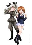  2girls :d absurdres anchovy boots brown_eyes brown_hair drill_hair full_body girls_und_panzer green_hair headphones highres long_hair looking_at_viewer military military_uniform miniskirt multiple_girls nishizumi_miho official_art open_mouth pleated_skirt red_eyes riding_crop short_hair simple_background skirt smile standing thighs throat_microphone twin_drills twintails uniform white_background white_skirt 