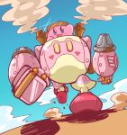  aviator_cap blue_eyes blue_sky commentary_request dutch_angle gleam goggles goggles_on_hat highres kirby kirby:_planet_robobot kirby_(series) mecha meka_(77111994) no_humans riding robobot_armor sky smile smoke waving 
