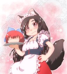  2girls adapted_costume alternate_costume animal_ears apron blush brown_hair closed_eyes cowboy_shot disembodied_head doily enmaided expressionless fang fang_out gradient gradient_background hair_ribbon hand_on_hip head imaizumi_kagerou long_hair looking_at_viewer maid maid_apron maid_headdress matty_(zuwzi) multiple_girls pink_background puffy_short_sleeves puffy_sleeves red_eyes redhead ribbon saucer sekibanki short_sleeves tail touhou tray underbust wolf_ears wolf_tail 