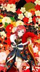  1girl artist_request bow fan floral_background grey_eyes japanese_clothes kimono love_live! love_live!_school_idol_festival love_live!_school_idol_project nishikino_maki official_art photoshop redhead solo 