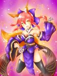  1girl absurdres animal_ears black_legwear blue_legwear bow breasts cleavage collarbone detached_sleeves fang fate/extra fate/grand_order fate_(series) fox_ears fox_tail hair_bow hair_ribbon highres japanese_clothes large_breasts open_mouth pink_hair ribbon solo tail tamamo_(fate)_(all) tamamo_no_mae_(fate) tsumiko96 yellow_eyes 
