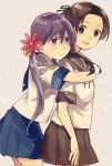  2girls 8ne_(nitika127) akebono_(kantai_collection) ayanami_(kantai_collection) bell blue_skirt blush brown_eyes brown_hair brown_skirt flower hair_bell hair_flower hair_ornament hair_ribbon hug hug_from_behind kantai_collection long_hair looking_back multiple_girls open_mouth pleated_skirt ponytail purple_hair ribbon school_uniform serafuku short_sleeves side_ponytail skirt smile violet_eyes 