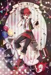  1boy card copyright_name drum fingerless_gloves fukase gloves hat instrument multicolored_hair musical_note original playing_card red_eyes redhead rednian solo top_hat two-tone_hair vocaloid 