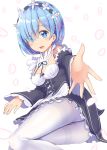  1girl :d apron arm_support ass blue_eyes blue_hair breasts cleavage detached_sleeves dress frilled_dress frilled_sleeves frills gurande_(g-size) hair_ornament hair_over_one_eye highres looking_at_viewer lying maid maid_headdress on_side open_mouth outstretched_arm pantyhose petals re:zero_kara_hajimeru_isekai_seikatsu rem_(re:zero) small_breasts smile solo thighband_pantyhose underbust white_background white_legwear x_hair_ornament 