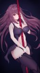  1girl adapted_costume babydoll between_breasts breasts fate/grand_order fate_(series) gae_bolg gbsn highres large_breasts long_hair looking_at_viewer polearm purple_hair red_eyes scathach_(fate/grand_order) solo spear thigh-highs weapon 