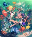  3girls :3 :d backpack bag bare_legs blonde_hair bow coral coral_reef dress eel fang fish flower freediving green_hair hair_flower hair_ornament highres jellyfish lee_hyeseung multiple_girls no_socks ocean octopus open_mouth original outstretched_arms parted_lips pink_hair purple_hair ribbon ribbon-trimmed_clothes ribbon_trim sailor_dress sea_worms shoe_bow shoes short_dress short_hair short_sleeves shorts shoulder_bag smile spread_arms underwater 