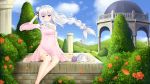  1girl absurdres animal artist_name bare_legs barefoot blue_sky braid building bush clouds dated day detached_collar dress emilia_(re:zero) flower french_braid gazebo grass hair_flower hair_ornament highres hill long_hair long_sleeves looking_at_viewer neps-l outdoors pack_(re:zero) petals pillar pink_dress re:zero_kara_hajimeru_isekai_seikatsu short_dress shoulder_cutout silver_hair sitting sky sleeping smile violet_eyes wide_sleeves wind 