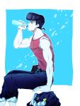  1boy anchor_symbol aruti black_hair blue_eyes bottle coat_removed drinking earrings from_side heart higashikata_jousuke highres jewelry jojo_no_kimyou_na_bouken male_focus muscle pants pants_rolled_up pink sitting solo stud_earrings sweat tank_top water_bottle zipper 