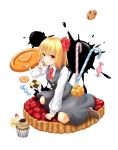  1girl :q candy candy_cane checkerboard_cookie cookie cream_puff food hair_ribbon highres koji_(koji-a) lollipop looking_at_viewer pastry red_eyes ribbon rumia shirt short_hair simple_background skirt slice_of_cake solo strawberry_shortcake sweets tongue tongue_out touhou vest white_background 