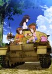  1boy 3girls :t absurdres arm_support basket black_eyes black_hair box brown_eyes brown_hair cardboard_box carrying carrying_over_shoulder casual caterpillar_tracks clouds cup eating eye_contact family food from_behind girls_und_panzer ground_vehicle happy hatch highres long_hair looking_at_another looking_back military military_vehicle mother_and_daughter motor_vehicle multiple_girls nishizumi_maho nishizumi_miho nishizumi_shiho nishizumi_tsuneo obentou official_art onigiri open_mouth pants pants_rolled_up panzerkampfwagen_ii picnic picnic_basket profile reaching_out riding road scan seiza short_hair siblings sisters sitting sky sleeveless sleeves_rolled_up smile spring_onion tank tank_top thermos translation_request tree vehicle wrapped_obentou younger 