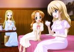  3girls :d absurdres alternate_hairstyle assam blonde_hair blue_eyes cup darjeeling girls_und_panzer hair_down highres indoors long_hair multiple_girls nightgown official_art on_bed open_mouth orange_hair orange_pekoe sitting smile table teacup 