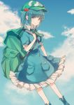  1girl :d backpack bag bangs blue_eyes blue_hair blue_shirt blue_shoes blue_skirt blunt_bangs blush clouds cloudy_sky green_necktie hair_bobbles hair_ornament kawashiro_nitori looking_at_viewer necktie open_mouth pokan_(xz1128) puffy_short_sleeves puffy_sleeves shirt shoes short_hair short_sleeves skirt skirt_set sky smile solo touhou twintails 