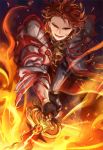  1boy armor fire granblue_fantasy holding holding_weapon male_focus open_mouth percival_(granblue_fantasy) red_eyes redhead smile solo weapon yorukage 