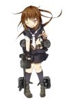  1girl and_dokari belt black_legwear black_serafuku black_skirt brown_eyes brown_hair fumizuki_(kantai_collection) gun holding holding_gun holding_weapon kantai_collection kneehighs long_hair necktie official_art one_eye_closed open_mouth school_uniform serafuku shirt simple_background skirt socks solo torn_clothes torn_shirt torn_skirt transparent_background weapon white_background white_necktie 