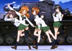  5girls absurdres ahoge akiyama_yukari anglerfish black_eyes black_hair blouse brown_eyes brown_hair emblem girls_und_panzer green_skirt ground_vehicle hairband highres isuzu_hana long_hair military military_vehicle miniskirt motor_vehicle multiple_girls nishizumi_miho official_art panzerkampfwagen_iv pleated_skirt reizei_mako school_uniform serafuku short_hair skirt takebe_saori tank thigh-highs white_blouse zettai_ryouiki 