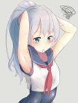  1girl adjusting_hair alternate_hairstyle armpits arms_up blue_eyes color1087 commentary_request grey_background hair_tie hibiki_(kantai_collection) highres kantai_collection long_hair looking_away mouth_hold necktie ponytail red_necktie rubber_band school_swimsuit school_uniform serafuku silver_hair simple_background solo swimsuit swimsuit_under_clothes 