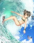  2girls :d bare_arms bare_legs bare_shoulders barefoot bikini blue_sky breasts brown_eyes brown_hair cleavage collarbone day flight_deck green_bikini green_hair green_ribbon hair_ribbon highres kaga_(kantai_collection) kantai_collection medium_breasts multiple_girls navel ocean open_mouth outdoors purple_ribbon rerubixi ribbon scrunchie short_hair short_twintails side-tie_bikini side_ponytail sky smile solo_focus splashing spread_legs stomach summer surfboard surfing swimsuit twintails water waves white_ribbon wrist_scrunchie zuikaku_(kantai_collection) 