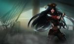  1girl bilgewater_katarina black_hair blue_eyes bracelet cutlass_(sword) dual_wielding eyepatch gloves hat jewelry katarina_du_couteau knife league_of_legends lipstick long_hair makeup mast midriff navel official_art pants pirate sail ship solo spiked_bracelet spikes thigh_strap throwing_knife tight tight_pants tricorne watercraft 