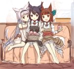 +_+ 3girls :d animal_ears apple bare_legs bare_shoulders basket black_dress black_hair blush bow bowtie brown_dress brown_eyes brown_hair cat_ears cat_tail chestnut_mouth couch detached_collar dress food fox_ears fox_tail frills fruit girl_sandwich hair_ornament hairband hairclip headband heart heart-shaped_pupils highres holding holding_fruit indoors lolita_hairband long_hair long_sleeves looking_at_viewer multiple_girls off-shoulder_dress off_shoulder on_couch open_mouth original petticoat sakura_ani sandwiched sash shirt short_hair side-by-side sitting sketch sleeveless sleeveless_dress smile symbol-shaped_pupils tail teeth twintails white_hair white_shirt