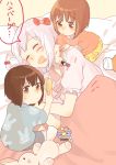  3girls adjusting_another&#039;s_hair age_difference applying_makeup bangs bed bed_sheet braid brush closed_eyes girl_sandwich girls_und_panzer itsumi_erika kei_(785944216) kneeling lipstick long_hair looking_at_viewer looking_back lying makeup multiple_girls nishizumi_maho nishizumi_miho on_back open_mouth pajamas saliva sandwiched short_hair siblings sisters sitting sketch sleeping smile stuffed_animal stuffed_bunny stuffed_toy sweatdrop time_paradox translated younger 