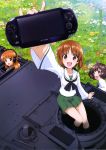  3girls absurdres akiyama_yukari brown_eyes brown_hair flower girls_und_panzer grass green_skirt ground_vehicle handheld_game_console headphones highres long_hair looking_at_viewer military military_vehicle motor_vehicle multiple_girls nishizumi_miho official_art orange_hair panzerkampfwagen_iv playstation_vita school_uniform serafuku short_hair sitting skirt takebe_saori tank 