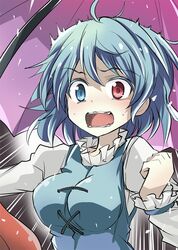  1girl blue_eyes blue_hair blue_vest blush breasts heterochromia juliet_sleeves karakasa_obake long_sleeves looking_at_viewer medium_breasts open_mouth puffy_sleeves red_eyes short_hair solo suichuu_hanabi surprised tatara_kogasa touhou umbrella upper_body 