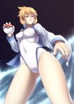 00s 1girl alternate_eye_color breasts from_below gym_leader hananon holding holding_poke_ball jacket kasumi_(pokemon) one-piece_swimsuit orange_hair poke_ball pokemon pokemon_(game) pokemon_hgss short_hair solo swimsuit thighs track_jacket 