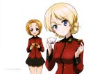  2girls absurdres black_skirt blonde_hair blue_eyes blush braid breasts closed_mouth cowboy_shot cup darjeeling eyebrows eyebrows_visible_through_hair girls_und_panzer head_tilt highres holding holding_cup long_sleeves looking_at_viewer medium_breasts military military_uniform multiple_girls official_art orange_hair orange_pekoe pleated_skirt short_hair simple_background skirt smile teacup uniform upper_body white_background 