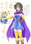  2girls ^_^ belt blonde_hair blush blush_stickers braid brown_hair cape closed_eyes commentary_request double_thumbs_up dragon_quest dragon_quest_iii dress elbow_gloves gloves heart jester_(dq3) multiple_girls roto sweat thumbs_up translation_request unya yellow_eyes 