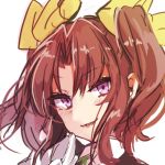  1girl ahoge blush brown_hair close-up face gloves green_ribbon hair_ribbon kagerou_(kantai_collection) kantai_collection looking_at_viewer open_mouth ribbon simple_background smile solo takeshima_(nia) teeth twintails violet_eyes white_background white_gloves yellow_ribbon 