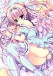  1girl animal_ears bare_shoulders bear_ears bear_tail blue_eyes bow brown_hair cushion dress finger_to_mouth frilled_dress frilled_legwear frilled_pillow frills hair_bow hair_ornament hairclip hasune_(hasuneya) long_hair lying on_side original panties pillow puffy_short_sleeves puffy_sleeves ribbon short_sleeves solo star striped striped_bow striped_legwear stuffed_animal stuffed_toy tail teddy_bear thigh-highs two_side_up underwear very_long_hair white_panties wrist_cuffs x_hair_ornament 