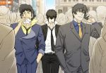  3boys 90s belt black_hair black_necktie cellphone cigarette closed_eyes cowboy_bebop crosswalk crowd eating faceless faceless_male food formal hamburger hands_in_pockets kekkai_sensen kinchi kougami_shin&#039;ya male_focus multiple_boys necktie outdoors phone psycho-pass red_eyes smoking spike_spiegel standing steven_a._starphase suit walking yellow_necktie 