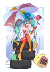  &gt;_&lt; 1girl absurdres aqua_eyes aqua_hair arm_support bangs bare_shoulders between_legs boots can choker closed_eyes dress elbow_gloves eyeliner floating garter_straps gloves goodsmile_racing gradient_legwear hair_between_eyes hand_between_legs hatsune_miku headphones highres long_hair looking_away makeup multicolored_gloves multicolored_hair open_mouth orange_legwear panties pantyshot pantyshot_(sitting) racequeen short_dress sitting sitting_on_object soda_can solo strapless strapless_dress thigh-highs thigh_boots tire twintails umbrella underwear very_long_hair vocaloid weights white_dress yoneyama_mai 