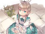  1girl animal_ears apron blonde_hair blue_eyes braids earrings facial_mark final_fantasy final_fantasy_xiv lalafell maid_outfit momoko_(momopoco) pointy_ears rabbit_ears sitting twitter_username 