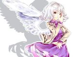  1girl dress feathered_wings highres jacket kishin_sagume pose purple_dress shadow short_hair silver_hair single_wing smile touhou wings yilocity 