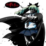  1girl anchovy_(girls_und_panzer) armor black_bow black_cape black_neckwear blue_skirt bow cape collared_shirt crossed_arms doctor_doom drill_hair fusion girls_und_panzer green_hair hair_bow long_hair looking_at_viewer marvel mask necktie pantyhose pleated_skirt rariatto_(ganguri) red_eyes sanpaku shirt simple_background skirt solo standing translation_request white_background white_shirt wing_collar 