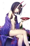  1girl alcohol black_hair cherry_blossoms collarbone fate/grand_order fate_(series) horns japanese_clothes kimono legs_crossed midriff navel off_shoulder oni open_mouth petals sakazuki sake shinooji short_hair shuten_douji_(fate/grand_order) sitting solo violet_eyes 