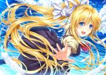  1girl air blonde_hair blue_eyes clouds feathers kamio_misuzu long_hair morizono_shiki open_mouth outstretched_arms ponytail school_uniform water 